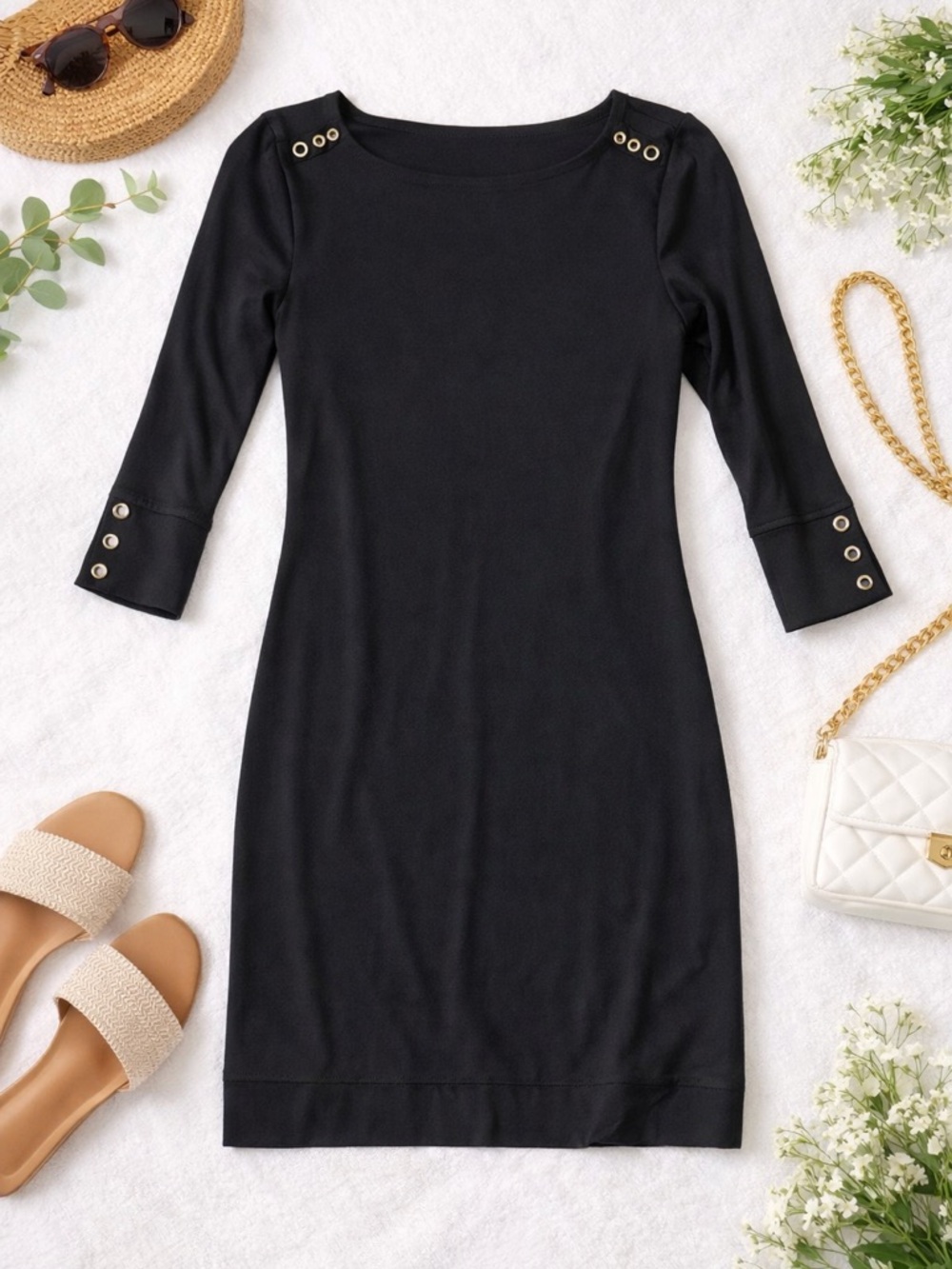 Lilly Pulitzer Black Boatneck Mini Dress with Gold Eyelet Detail